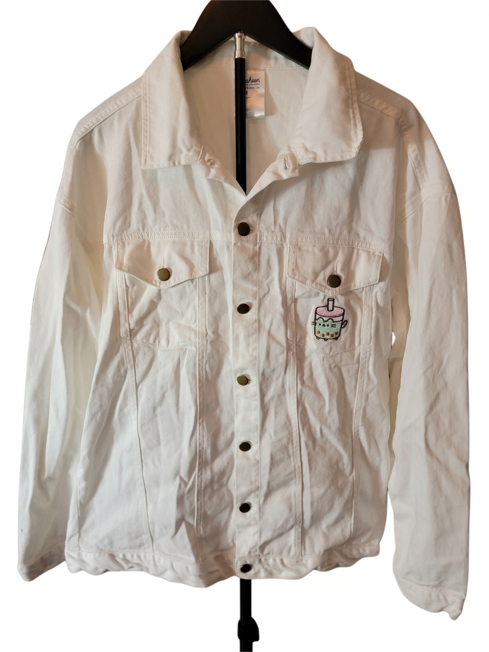 Pusheen White Denim Jacket with Bubble Tea Patch - Size Large - EUC
